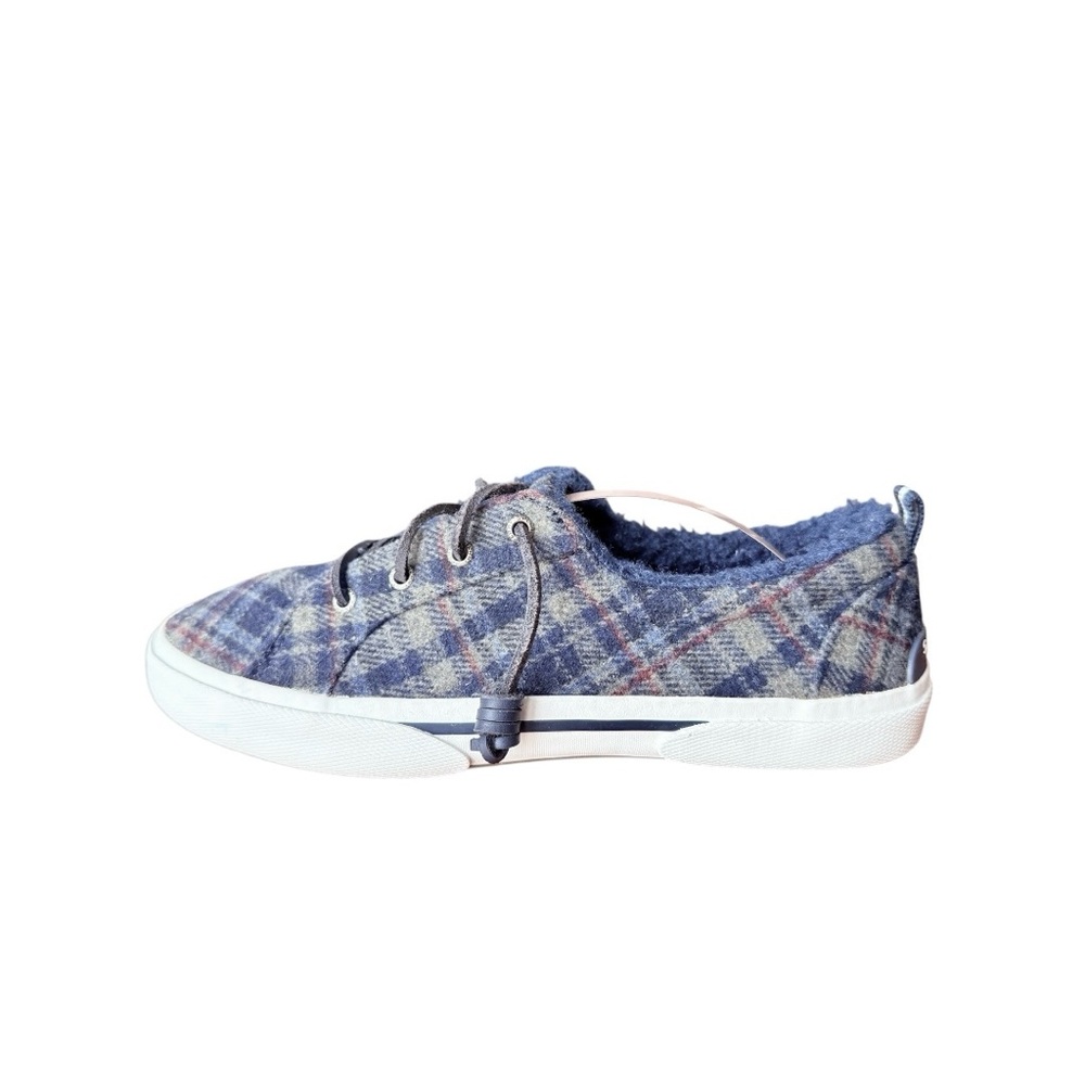Sperry Navy and Gray Plaid Boat Shoes, Size 8, Fluffy Inside, Leather Laces